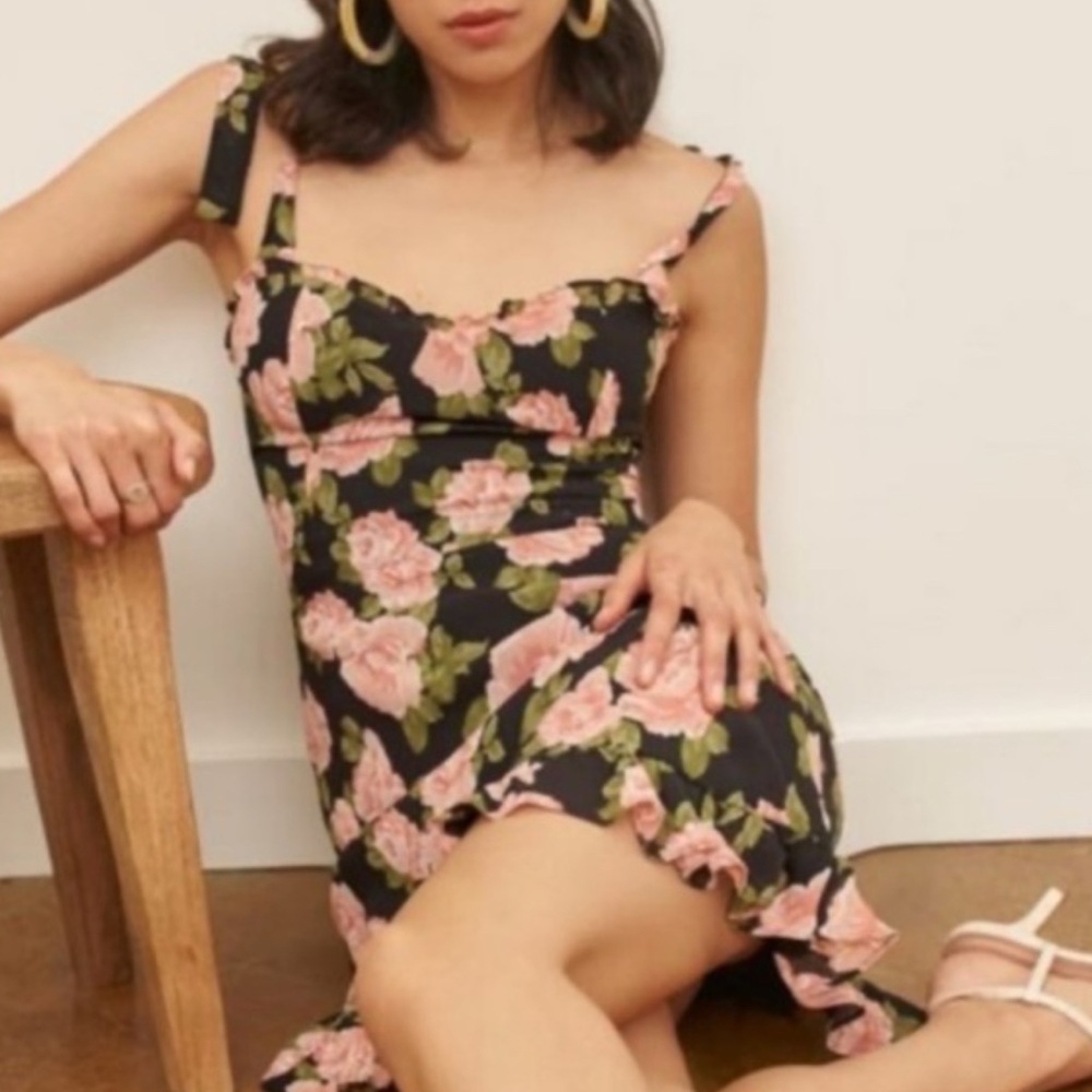 Reformation Pink and Black Ruched Midi Dress for Wedding Guest